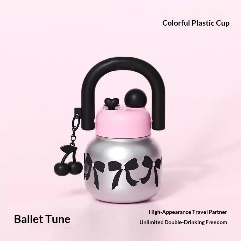 Cute Water Bottle with Decoration, Dual Straws Design, Anti-Lipstick Stain, Detachable Travel Strap Durable Plastic Material