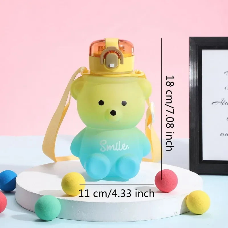 Bear Water Bottle 800ml Cute Kawaii Teddy Bear Water Bottle with Straw & Strap Leak-Proof Drinking Cup Gift for Kids & Girls