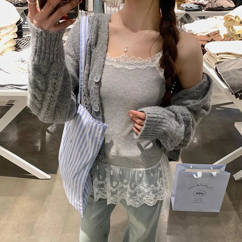 Lace Undershirt Ruffle Patchwork Hem Cami 2025 Sexy Top Women's Long Sleeveless T-Shirt Camisole Y2K Korean Gray Cotton Camis