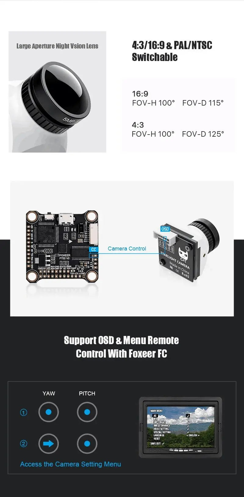 Foxeer Mini Cat / Micro Cat 4 1200TVL Starlight 0.00001Lux FPV Camera Low Latency Low Noise FPV Camera For RC FPV Racing Drone