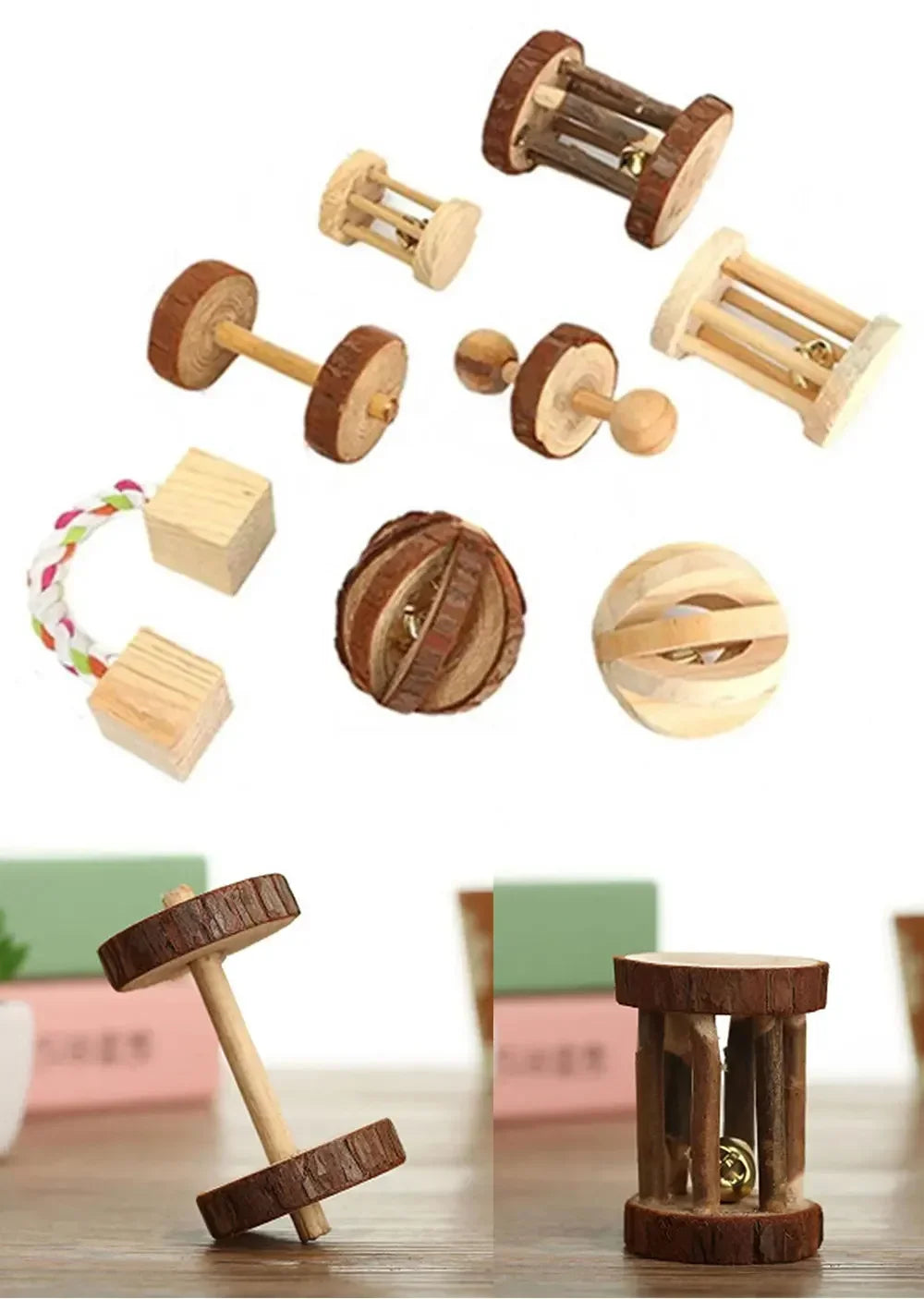 Cute Rabbit Roller Toys Natural Wooden Pine Dumbells Unicycle Bell Chew Toys for Guinea Pigs Rat Small Pet Molars Supplies