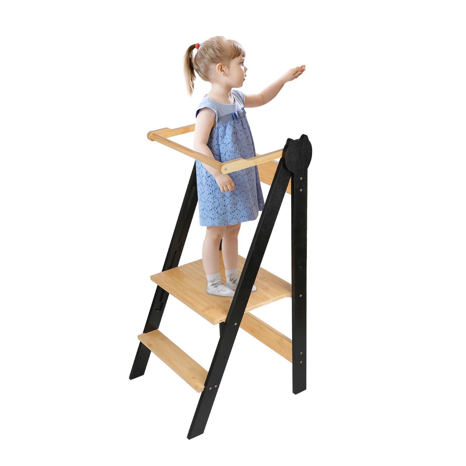 Foldable Montessori Tower, height adjustable on 3 levels, easy to assemble, Montessori bamboo observation tower, black/white