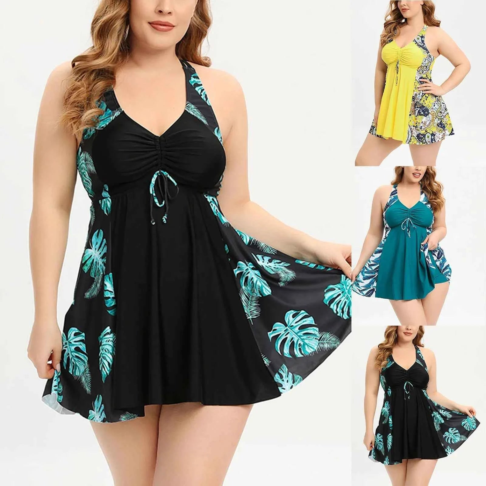 Split Swimsuit For Womens Conservative Big Flower Oversize Tankini Set Summer Beachwears Ladies Swimsuits With Neck Straps
