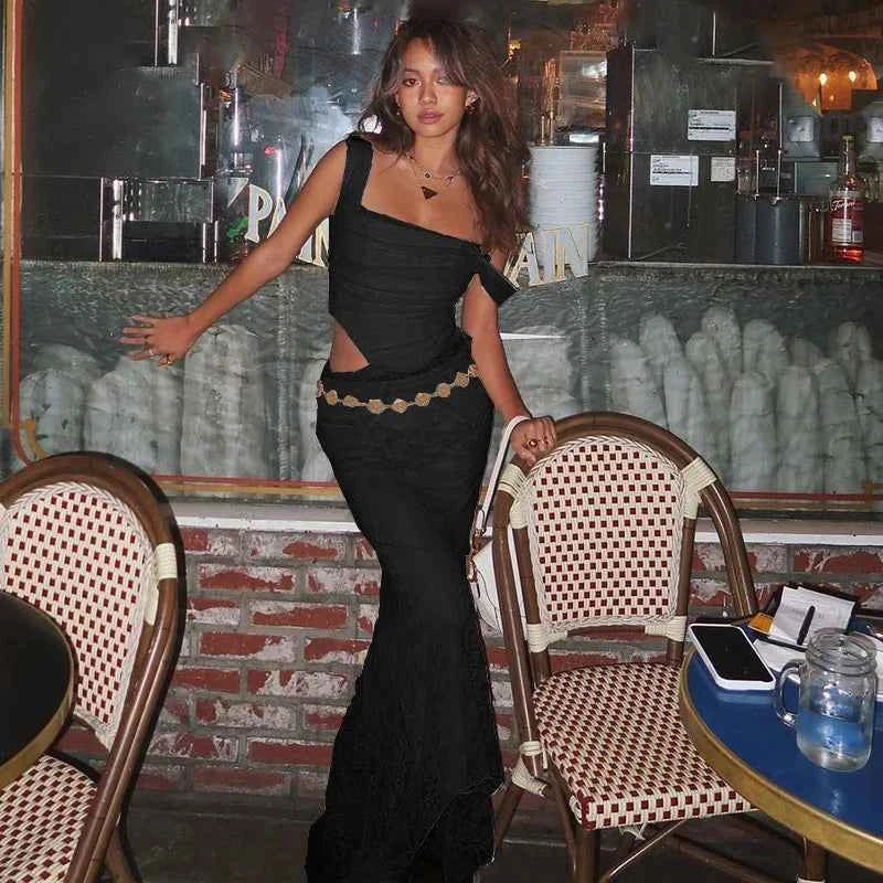 Suninheart Elegant Women 2 Piece Dress Set 2023 Maxi Wedding Guest Dress Lace Up Crop Top and Maxi Skirt Set Formal Event Dress