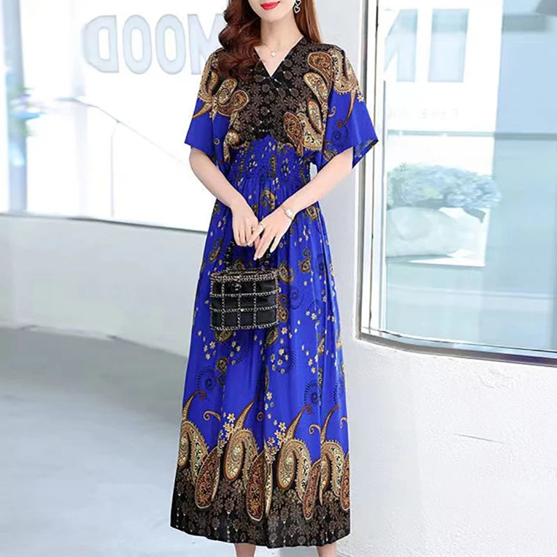 Colorful Flower V-neck Elastic Youthful Bohemian Sweet Midi Dress Woman Clothes Chic Fashion Summer Dresses 2025 Large Swing Ski