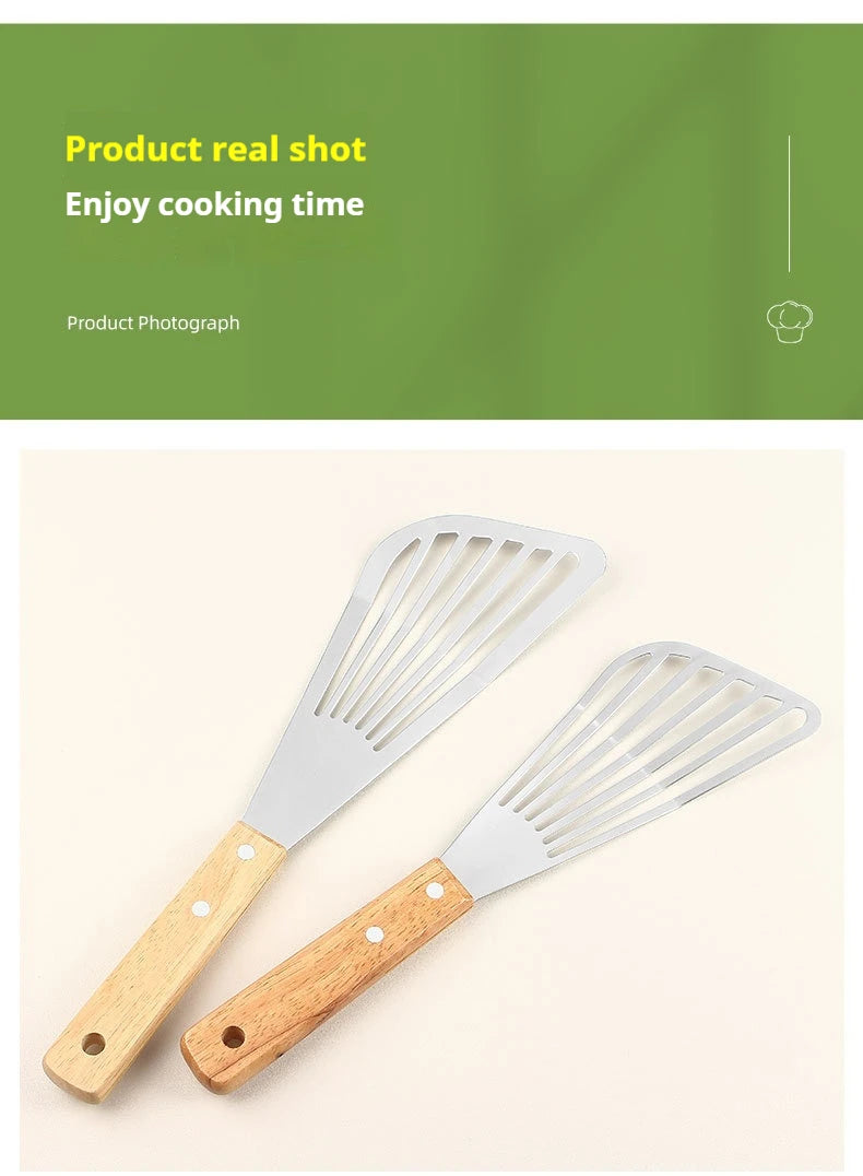 1PC Stainless Steel Fish Frying Shovel with Wooden Handle Fan-shaped Shovel Household High-temperature Frying Shovel
