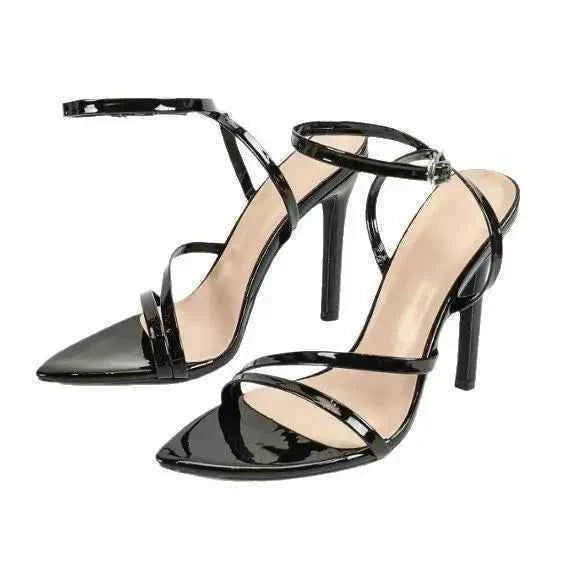 Fashionable Party High Heels Women's Pointed Toe Patent Leather Cross Ankle Strap Sandals Rubber Sole Square Head Shape
