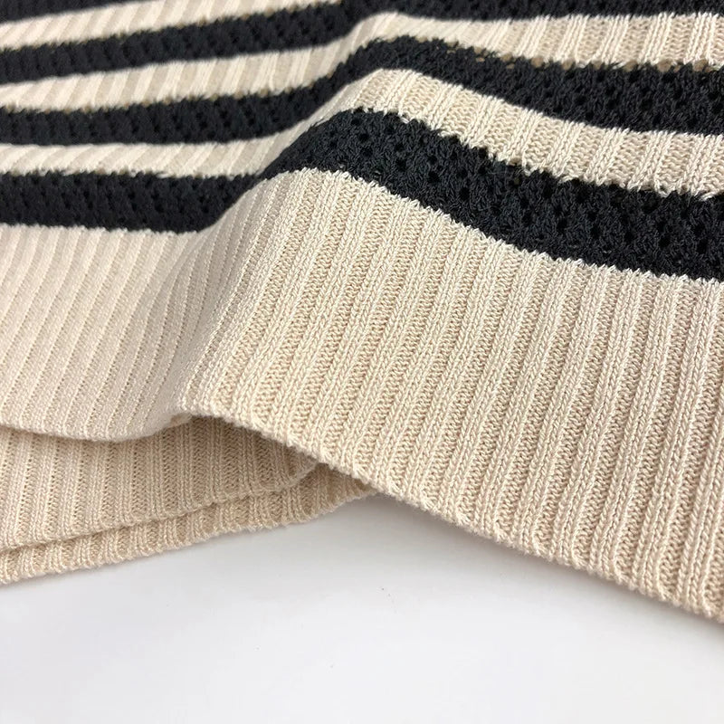 Spring and Summer Japanese Korean 1-6Y Children's Hollow Knitted Shirts Stylish Girl's Boy's Striped Short Sleeved T-shirts