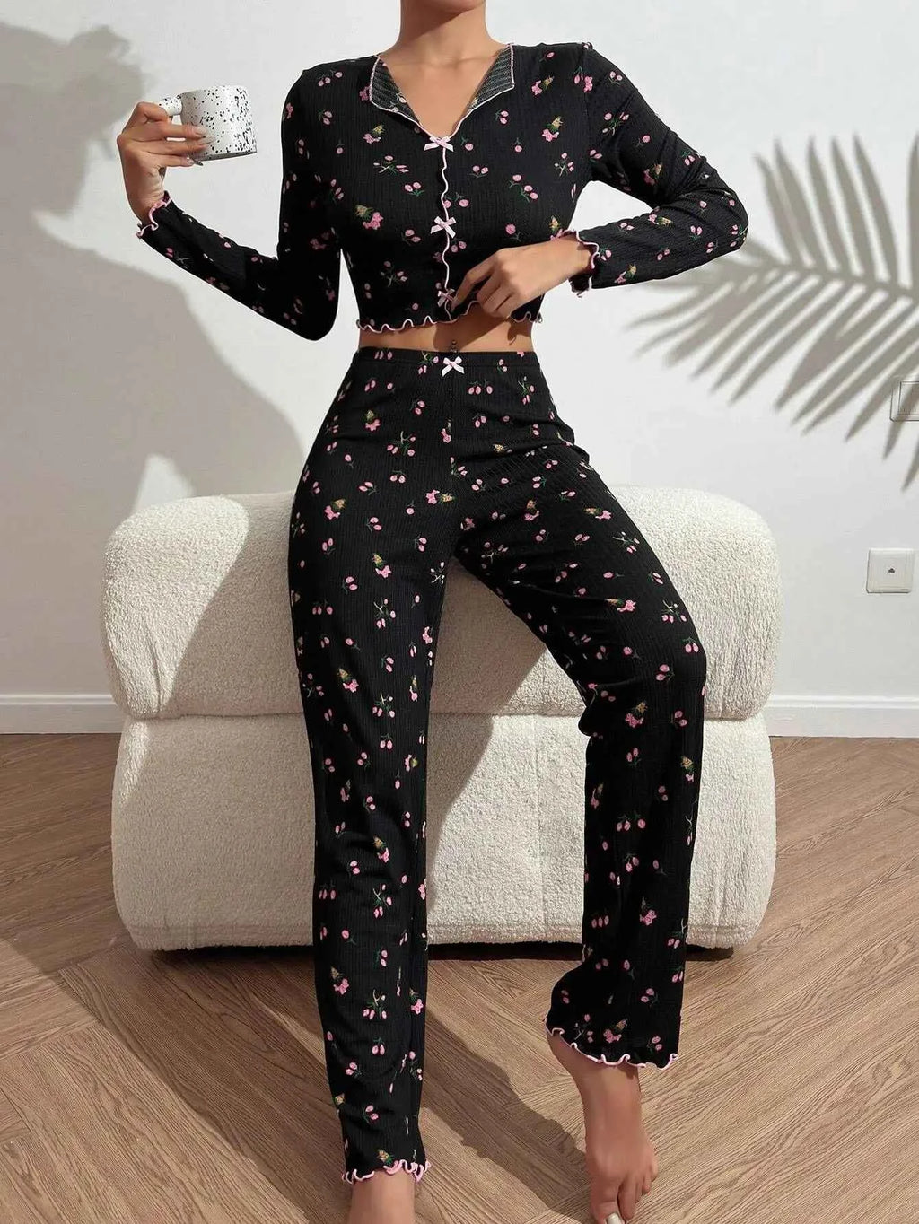Y2K Cute Floral Ribbed Pajama Set Womens Long Sleeve V Neck Two Piece Sleepwear Homewear Autumn Winter Bow Lettuce Trim New Hot