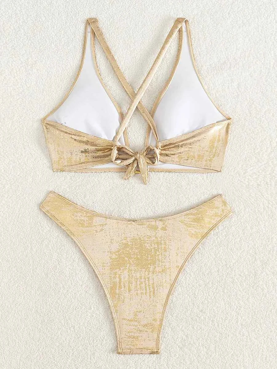 2026 Golden Sparkling Halter Rings Bikini Women Swimsuit Female Swimwear Two-pieces Bikini Set High Cut Bathing Suit Swim Lady