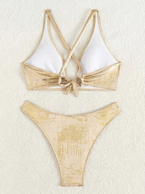 2026 Golden Sparkling Halter Rings Bikini Women Swimsuit Female Swimwear Two-pieces Bikini Set High Cut Bathing Suit Swim Lady