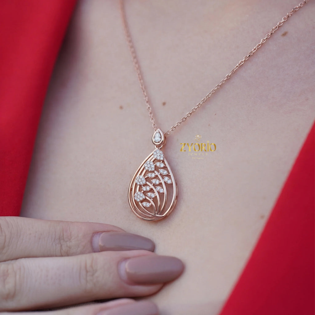 Leafy Teardrop Diamond Pendant Necklace with Link Chain Rose Gold Plated Luxury Women Engagement Wedding Party Jewelry