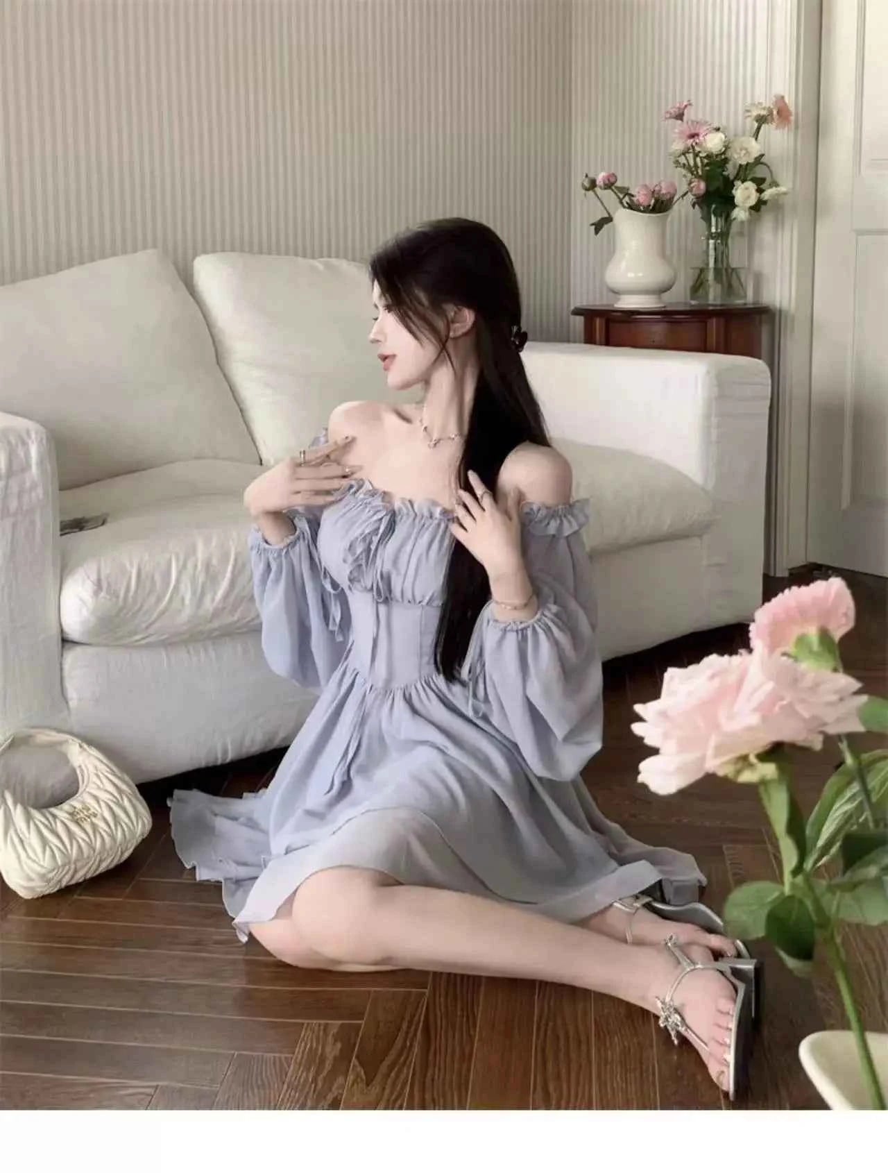 Dresses Women Solid Retro Long Sleeve Slash Neck Autumn Gentle Korean Style Streetwear All-match Lovely Comfortable Stylish Chic