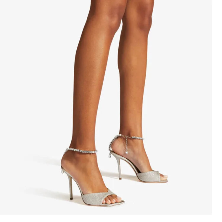 Colorful Chain Water Diamond Sandals Brand Walk Show Fish Mouth Evening Dress Elegant High Heels 2023 New Pendant Women's Shoes