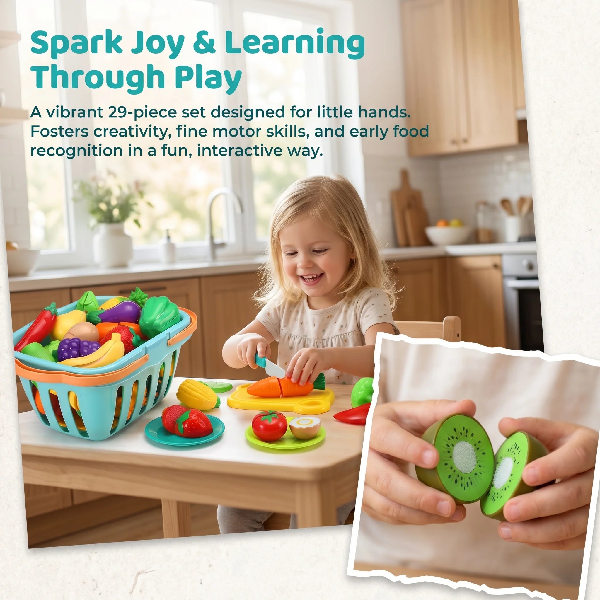 Kids Kitchen Pretend Play Food Toy Set with Cutting Features Random Fruit & Vegetable Accessories Storage Basket & Plastic Dishe