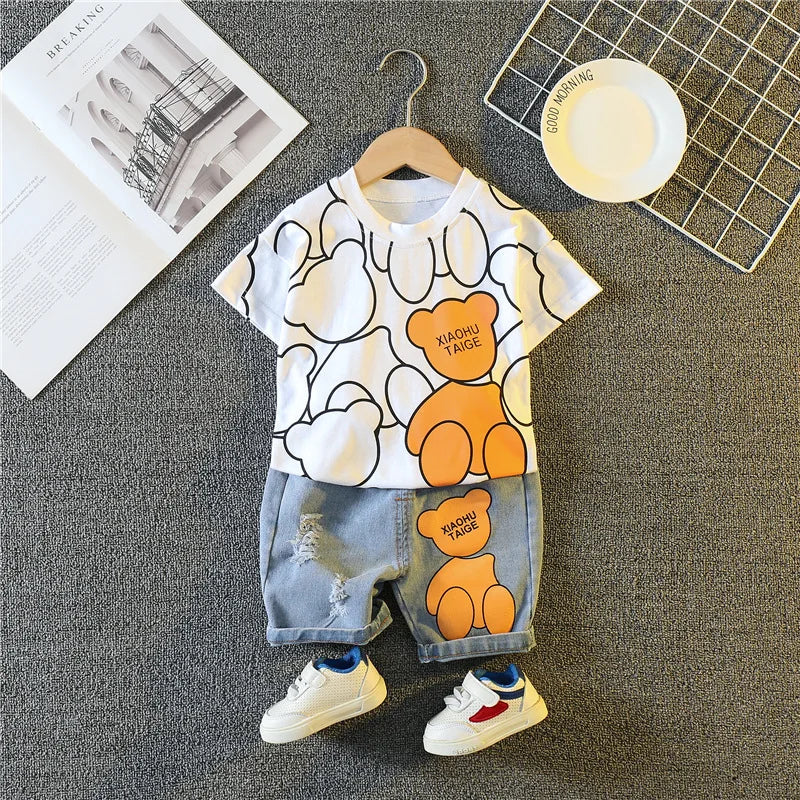 New Summer Baby Boys Clothing Set Cartoon Bear Short Sleeve T-Shirt Shorts 2Pcs Suit For 1-5 Years Kids Children Fashion Outfit
