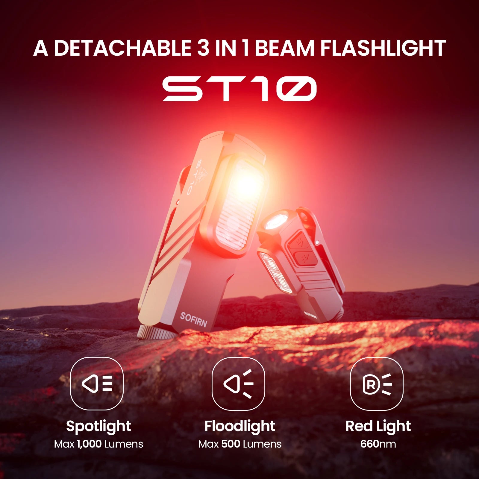 SOFIRN ST10 1000lm Mini Clamp Flashlight 144m 7000K LED Light 14500 USB C Rechargeable White&Red Lamp IPX6 with Magnetic Tailcap