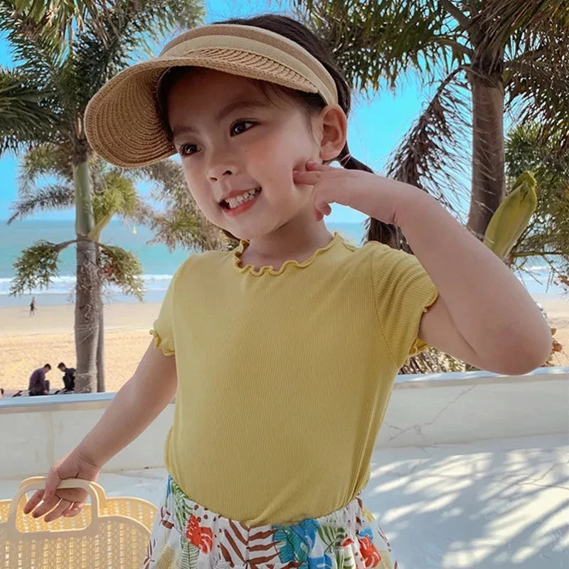 Girls' Casual Ice Silk Short-Sleeve T-Shirt, New Korean Style Children's Ruffled Top, Solid Color, Simple and Versatile