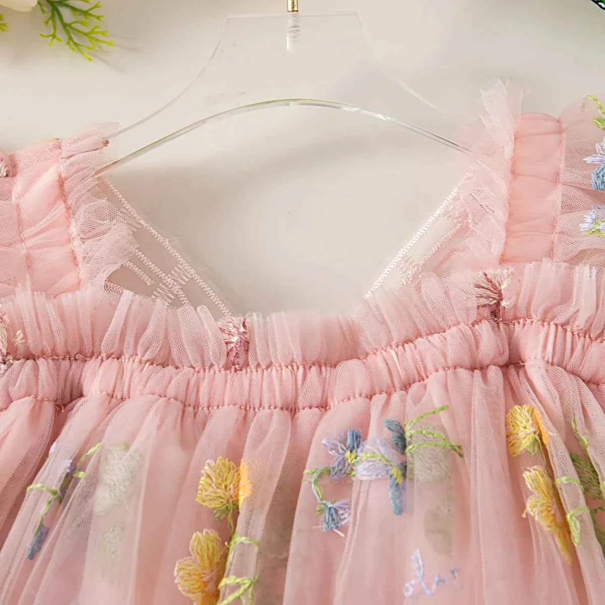 Summer New Girls' Dress Halter Small Flying Sleeve Embroidery Pattern Wings Sweet Princess Dress Mesh Princess Dress