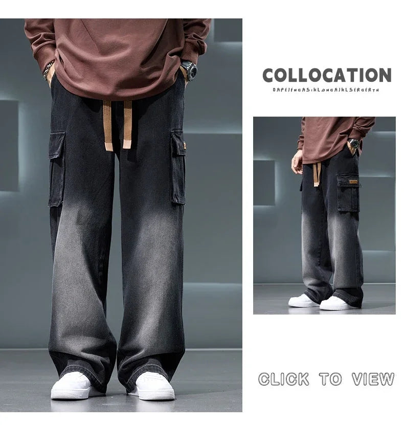 2026 New Wide Leg Washing Jean Pants Men Trousers Neutral Solid Color Loose Casual Fashion Pocket Cargo Pants Big Size 8XL