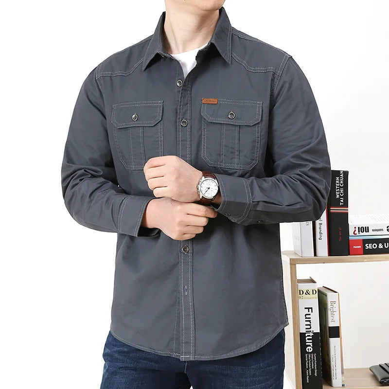 Pure Cotton Men's Shirt Men Oversized Loose Long Sleeve Cargo Shirts Men Clothing High Quality Solid Plus Size Casual Shirt 6XL