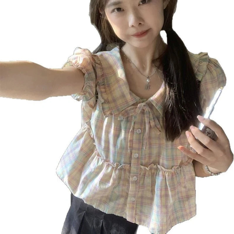 Preppy Style Sweet Plaid Shirt Women Summer Cute Peter Pan Collar Cropped Blouse Kawaii Casual Lace Up Lady Tops New