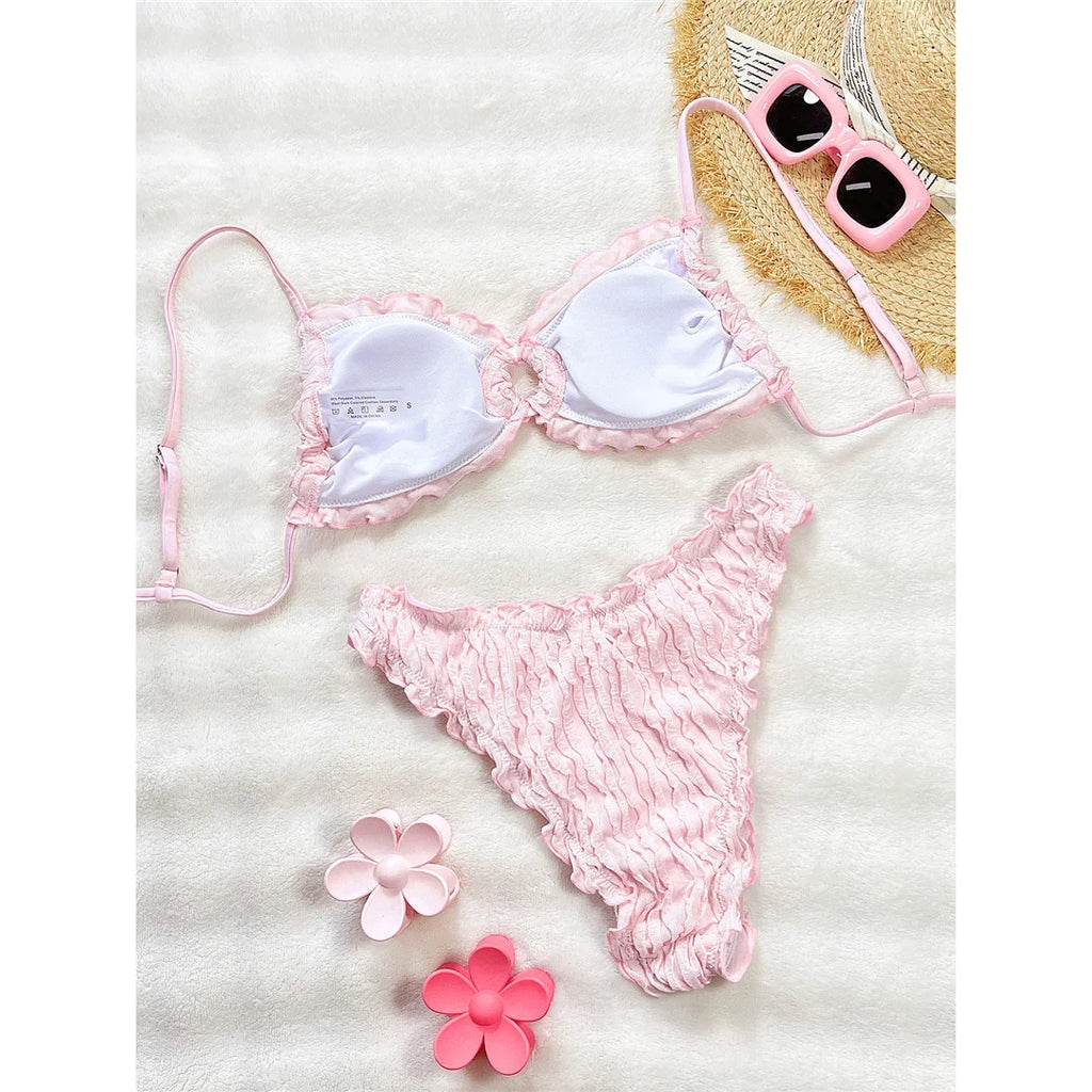 Wrinkled Crinkled Frilled Bikini Female Swimsuit Women Swimwear Two-Pieces Bikini Set Brazilian Bather Bathing Suit Swim V8053