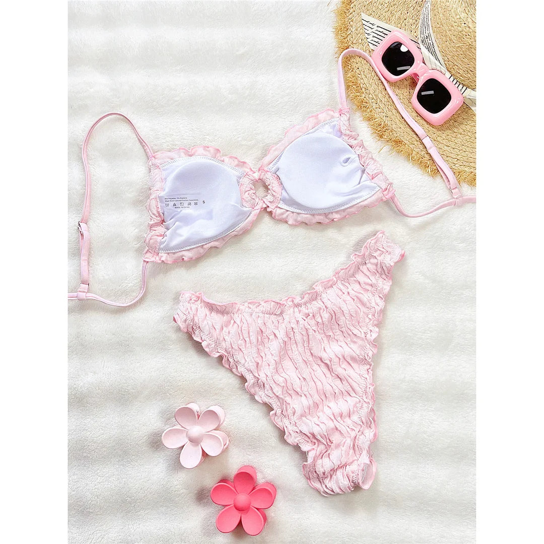 Wrinkled Crinkled Frilled Bikini Female Swimsuit Women Swimwear Two-Pieces Bikini Set Brazilian Bather Bathing Suit Swim V8053