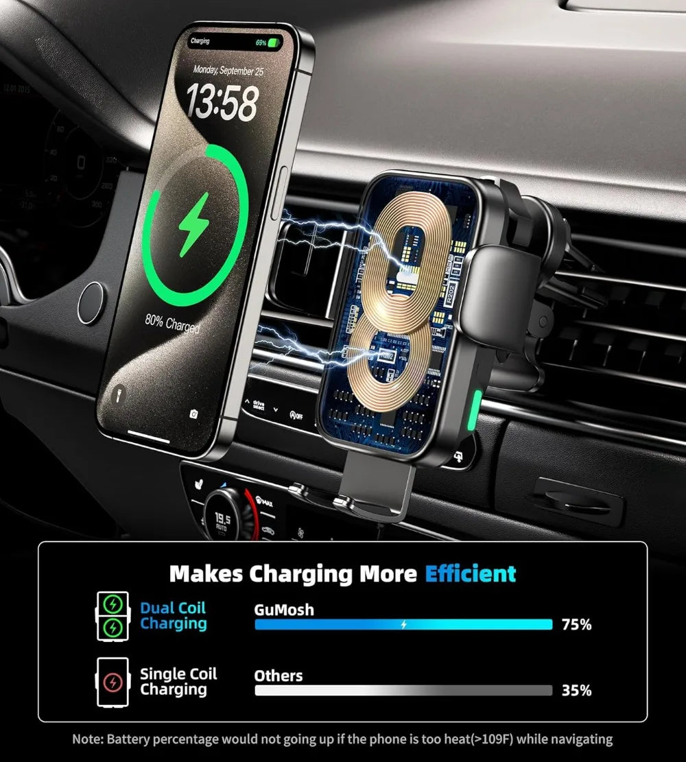 15W Car Phone Holder Wireless Car Charger Dual Coil Dash Vent Windshield Auto Clamping Charging Phone Holders for iPhone S24/S23