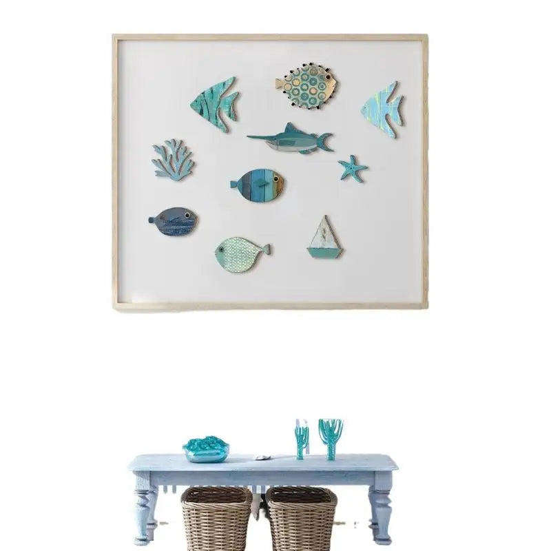 10pcs/set Fish Home Wall Decor Wooden Fish Hanging Beach Theme Bathroom Art Nautical Coastal Ocean Decoration