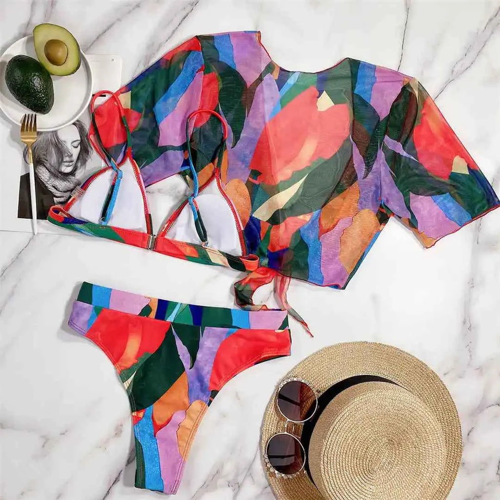 S - XXL Leopard Printed High Waist Bikini Female Swimsuit Women Swimwear Three-piece Bikini set Bather Bathing Suit Swim V2805SW