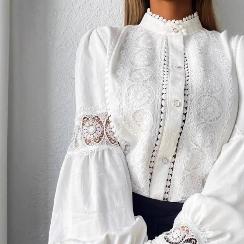 White Lace Blouses Women Elegant Solid Casual Lace and Button Hook Flower Hollow Puff Sleeves Blouse Top Lady Office Shirts