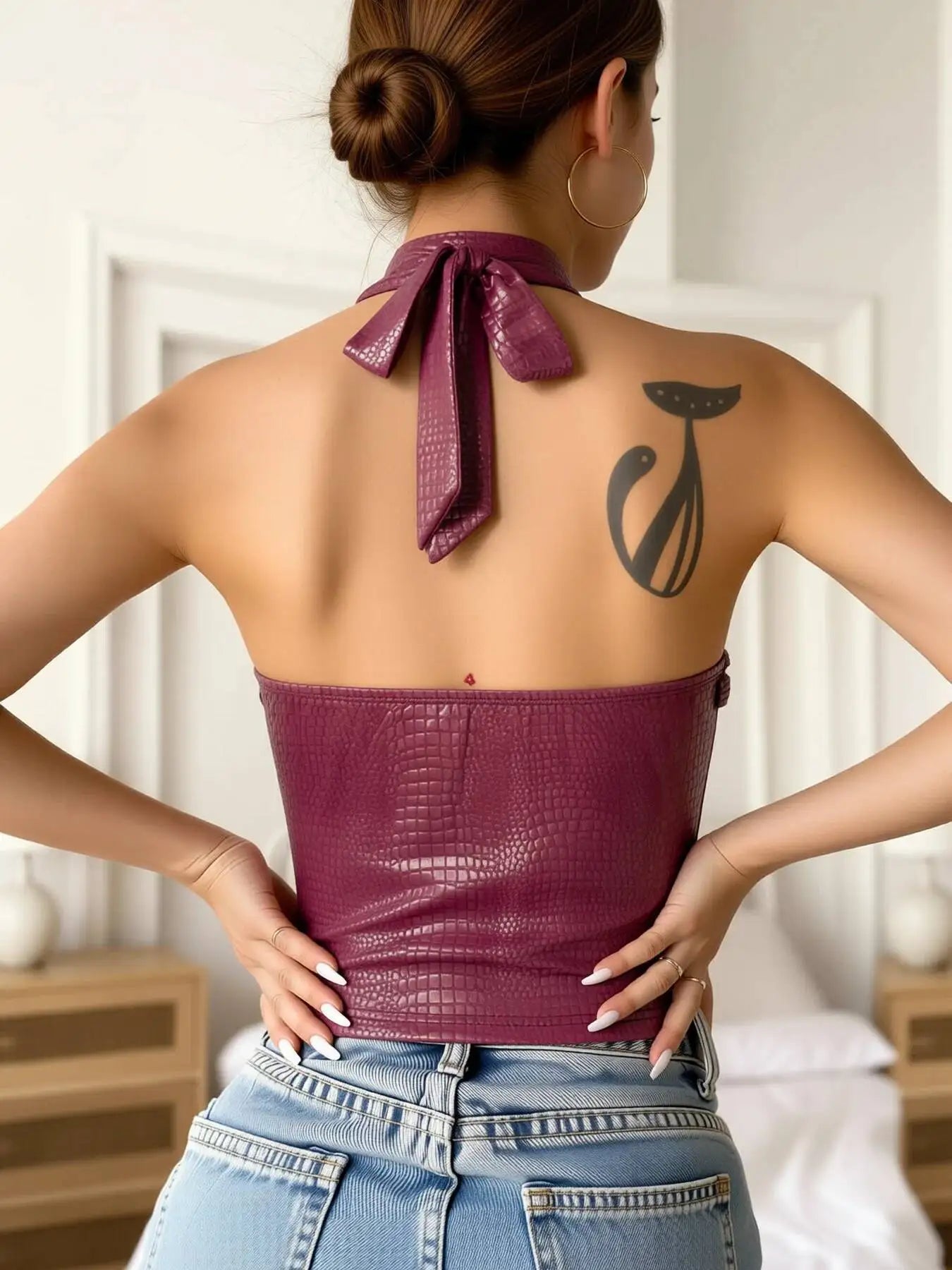 Women's Halter Neck Tank Top Burgundy Croc Embossed Metal Ring Cutout Sleeveless Sexy Top Spring Summer Club Party Crop Top
