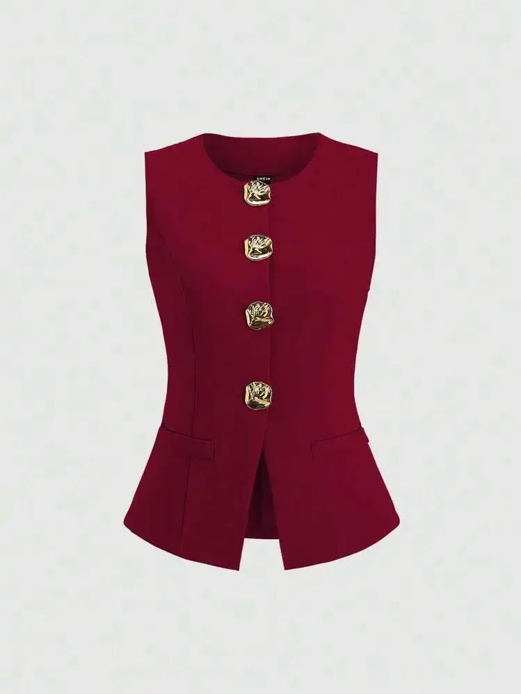 Fashionable Little Fragrance Style Women's Sleeveless round Neck Vest Waist-Cinching Pure Color Cross-Border Women's Jacket