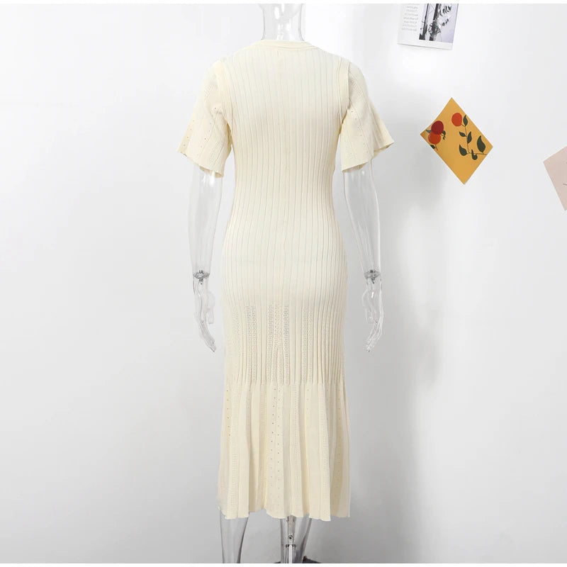 Knitted Women Long Dresses Hollow Out Short Sleeved Women Split Dress O-neck Single Breasted Female Solid Elegant Ladies Robe