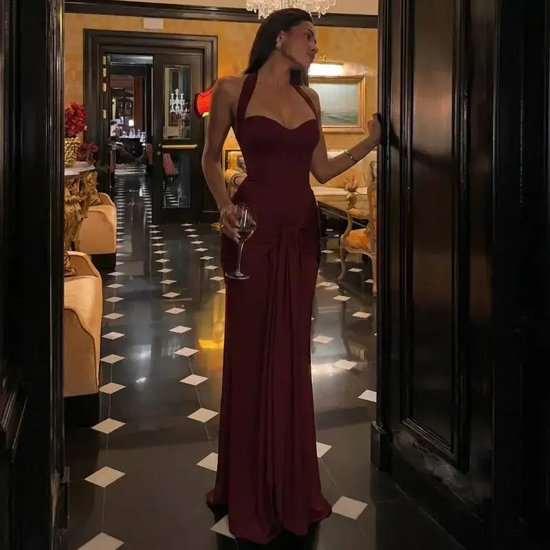 Sexy Backless Lace Up Halter Neck Maxi Dress Women Sleeveless Ruched Waist Draped Bodycon Dresses Party Evening Cocktail Robes