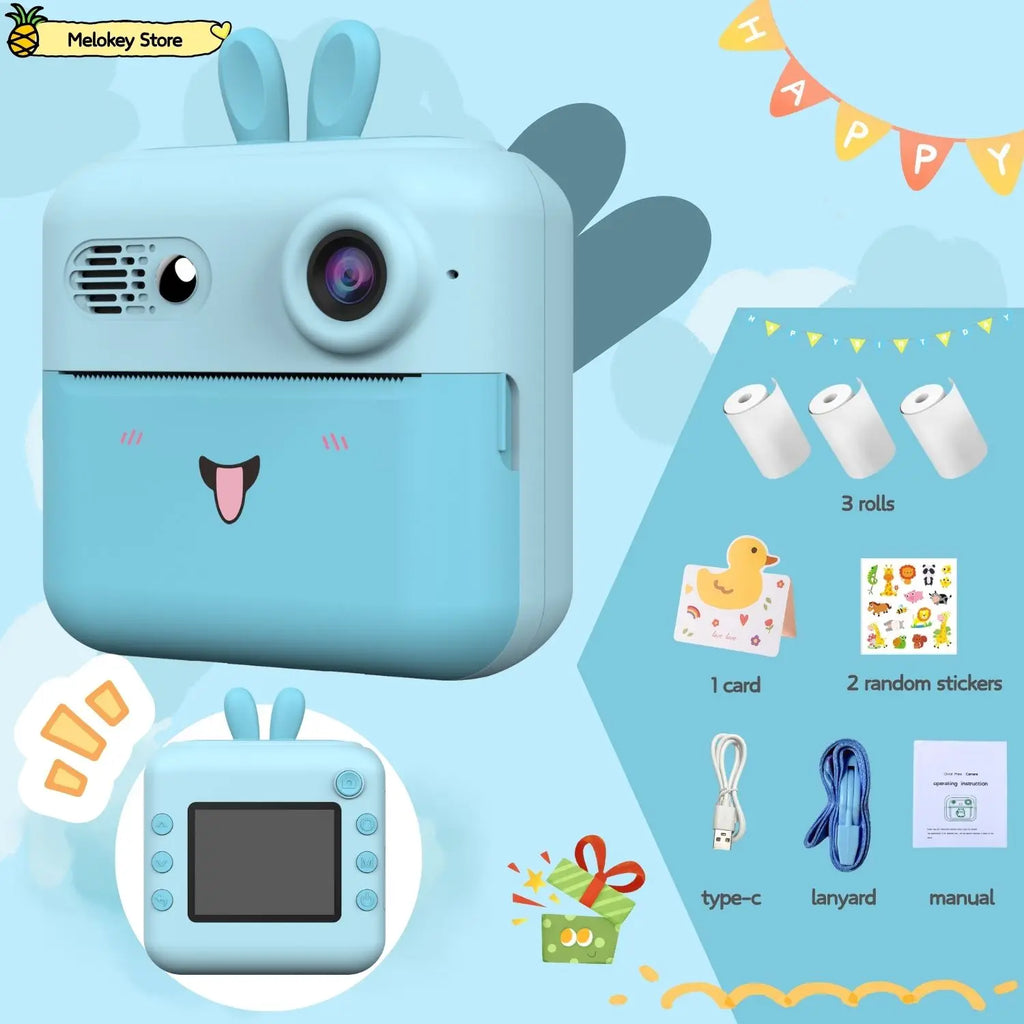 Kids Photo Camera Printer with Game Cute Bunny Mini Digital Video Child Instant Print Camera 4-12 Years Kids Girls Boyes Gifts