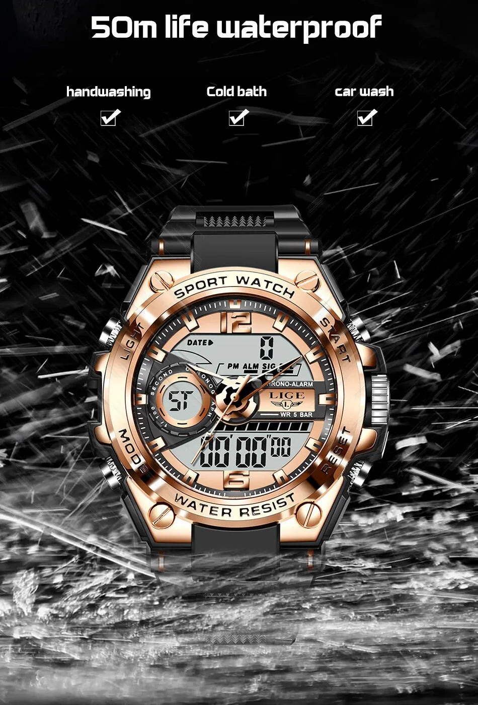 LIGE Men Military Watch Digital 50m Waterproof Wristwatch LED Quartz Clock Sport Watch Male Big Watches Men Relogios Masculino