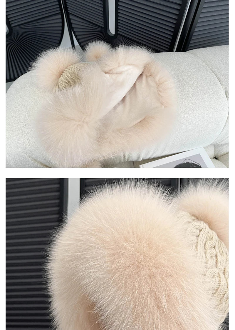 Winter Women Real Fox Fur Hat Fashion Casual Outdoor Warm Knitted Hats Girl Lovely 100% Natural Fox Fur Ear cap bomber caps