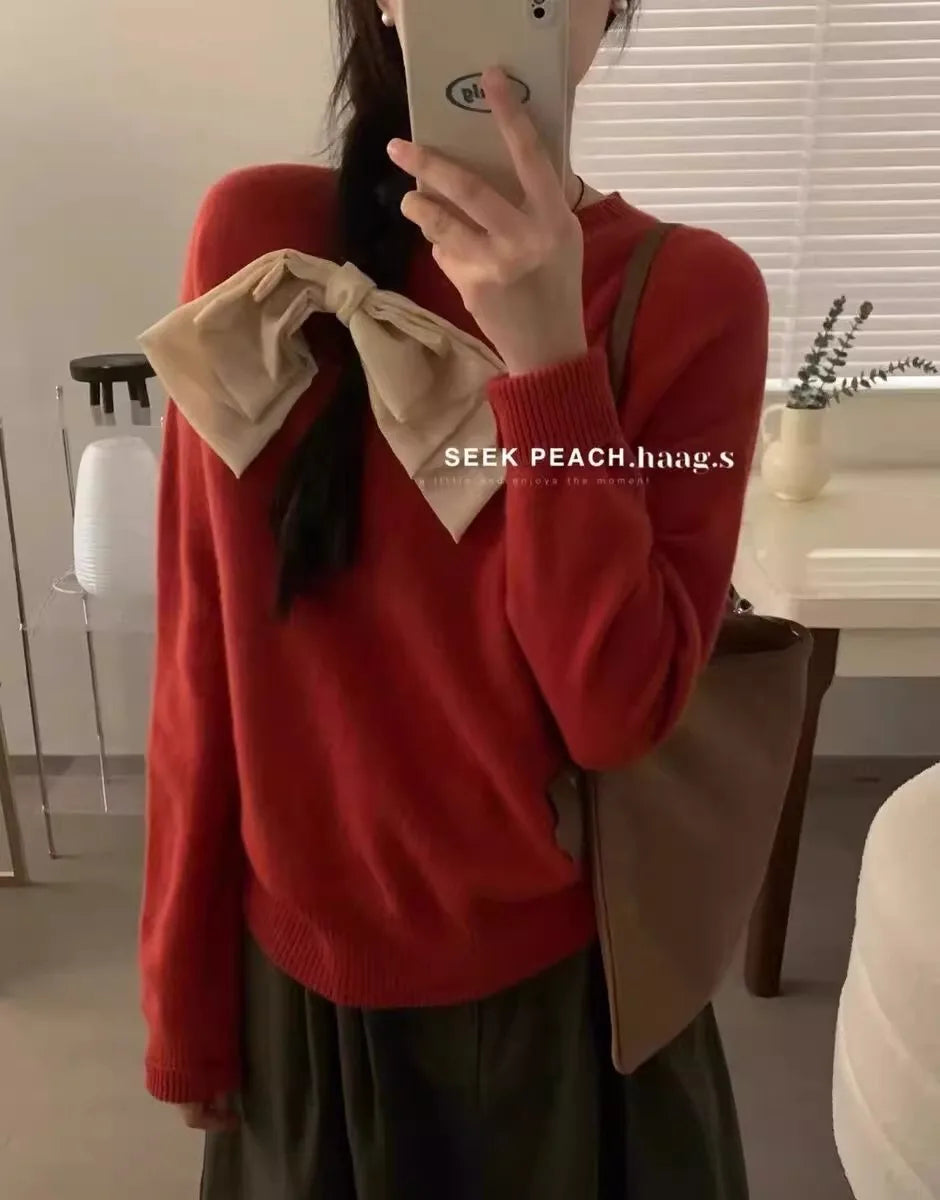 100% pure cashmere sweater women's round neck pullover long sleeve sweater loose short soft waxy knit bottom sweater