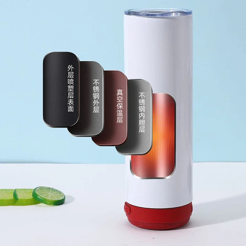 Music Speaker Tumbler with Straw and Lid 20oz Skinny Double Wall Stainless Steel Music Cup with Detachable LED Bluetooth Speaker