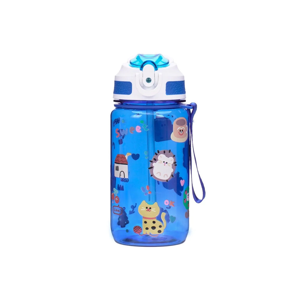 600ml Water Bottle With Straw Leakproof Flip Cap Cute Animal Print Portable Hanging Rope School Outdoor Sports Drinking Plastic