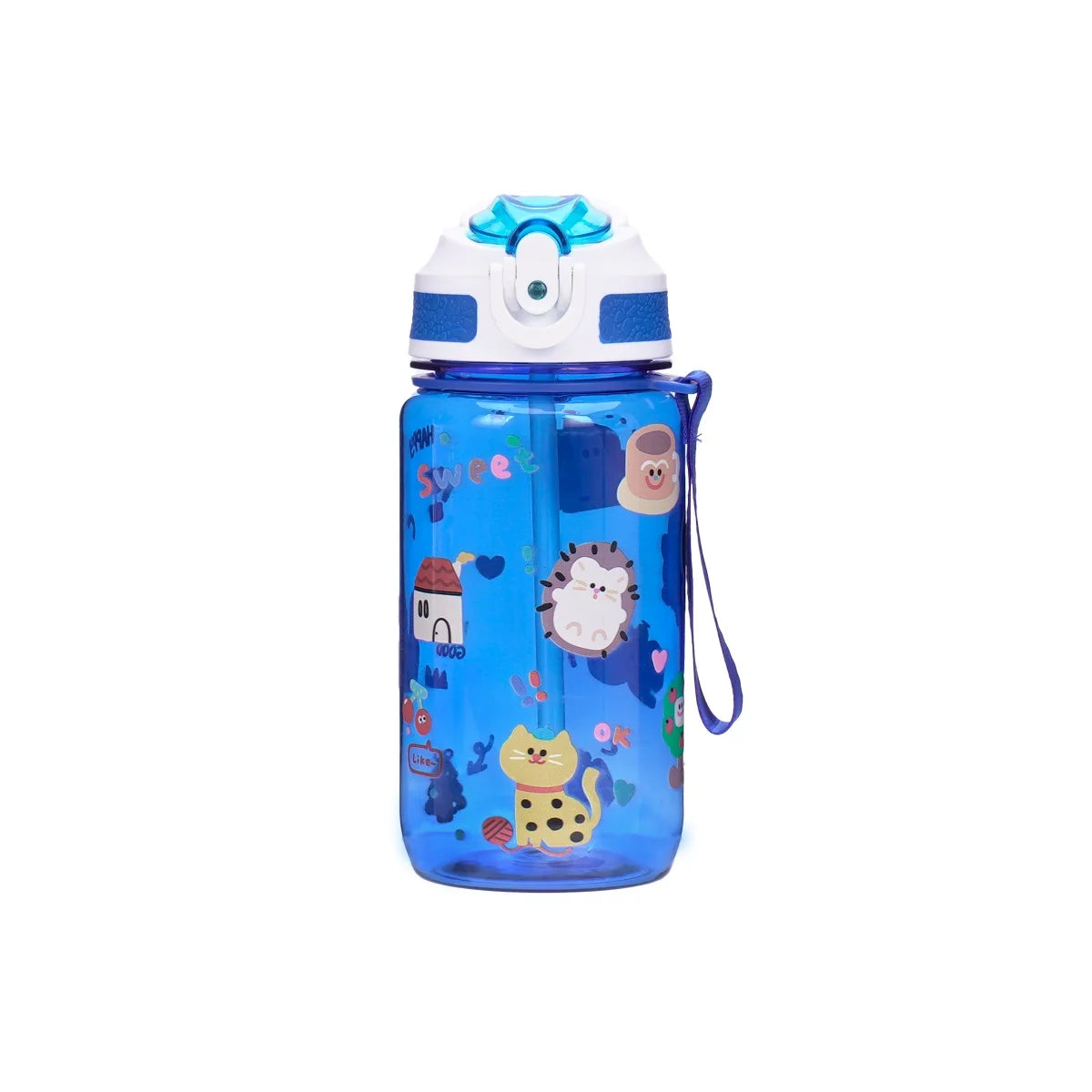 600ml Water Bottle With Straw Leakproof Flip Cap Cute Animal Print Portable Hanging Rope School Outdoor Sports Drinking Plastic