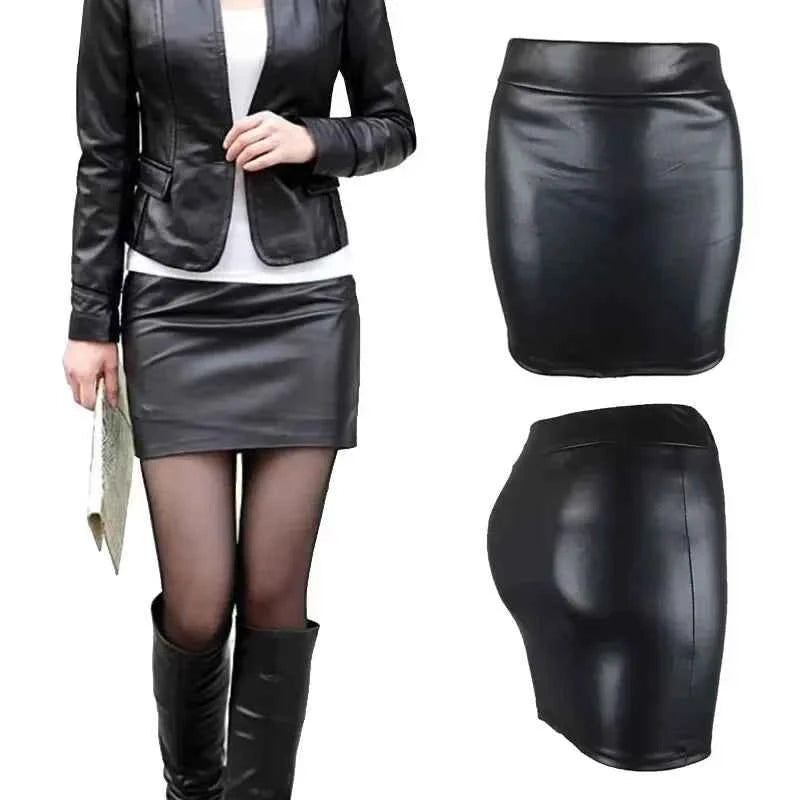 Women's High-Waist Slim Fit Mini Skirt Vintage Bodycon Hip Pencil Skirt Sexy Imitation PU Clubwear Ladies Office Clothing