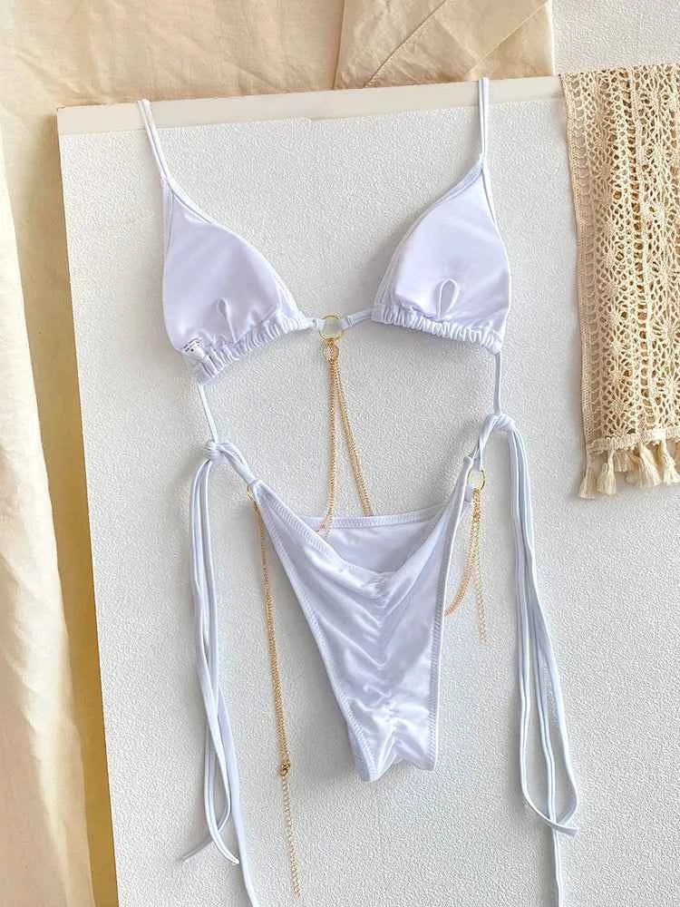 Sexy Triangle Chains Bikini Sets Micro Thongs Swimsuit Women Bathing Suit Biquini Bandage Beachwear Print Swimwear Thong Bikini