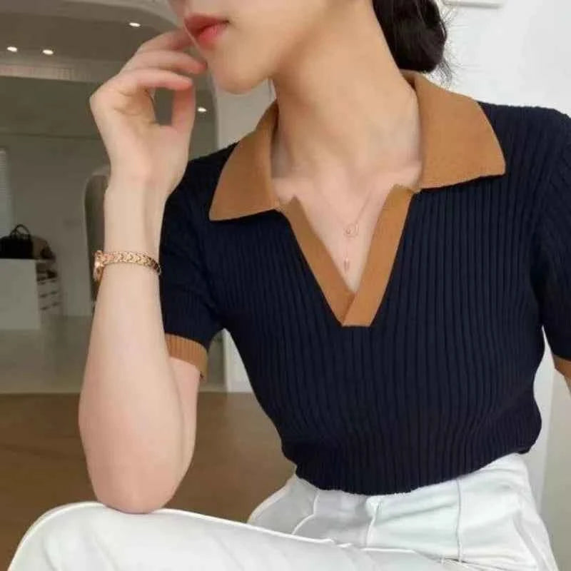 Vintage Panelled Knitted T-shirts Women V-neck French Style Slim Summer New Literary Fashion All-match Mature Elegant Ulzzang