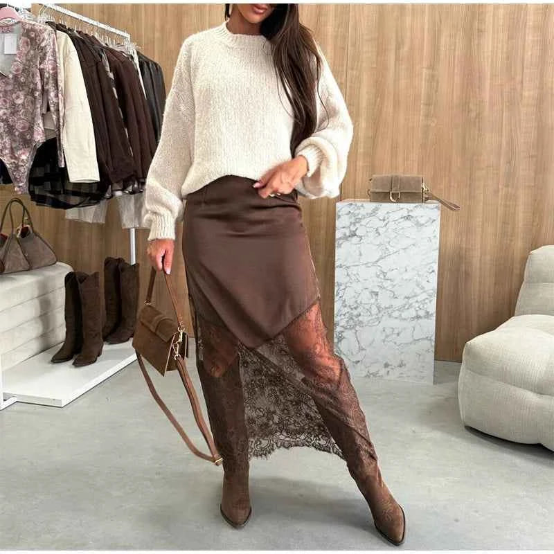 Sexy Lace Patchwork Long Skirt Women Elegant Fashion Solid Waist Cinched Mid-length Bottom Lady 2025 Party Daily Street Skirts