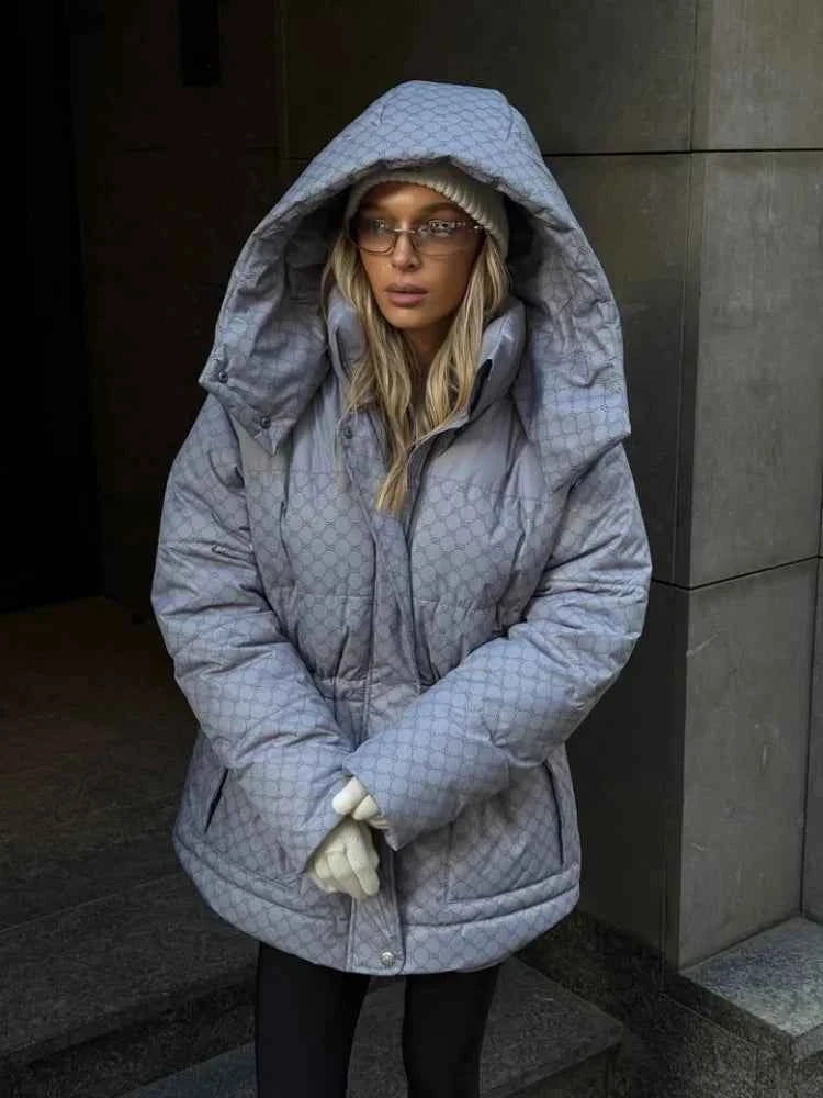 Printed Female Winter Cotton Quilted Jacket Hooded Thicken Zipper Single Breasted Long Sleeve 2025 New Casual Coat Loose Outwear