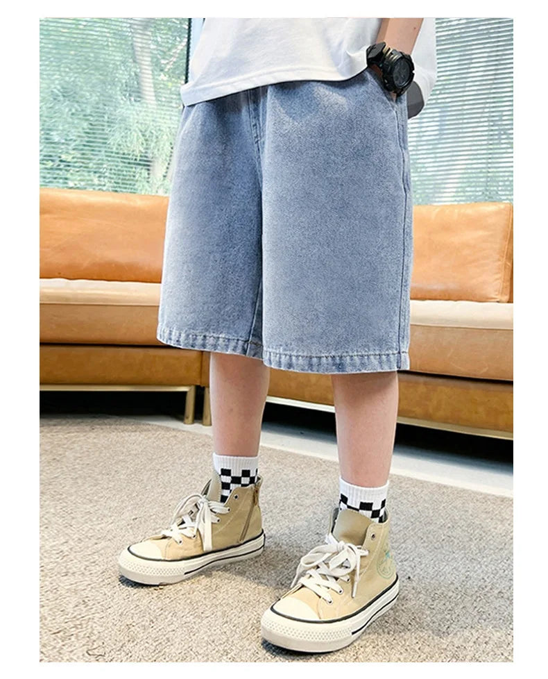 Teen Boys Denim Shorts 2026 New Summer Children Loose Wide Leg Knee Length Jean Pants Kid Casual Streetwear Elastic Waist Shorts