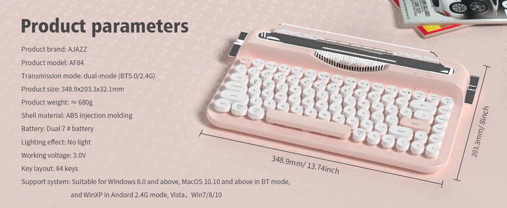 AJAZZ Multl-Device Keyboard Dual Mode 2.4G/Bluetooth5.0 With Card Slot Bracket Position Typewriter Office Membrane Keyboard AF84